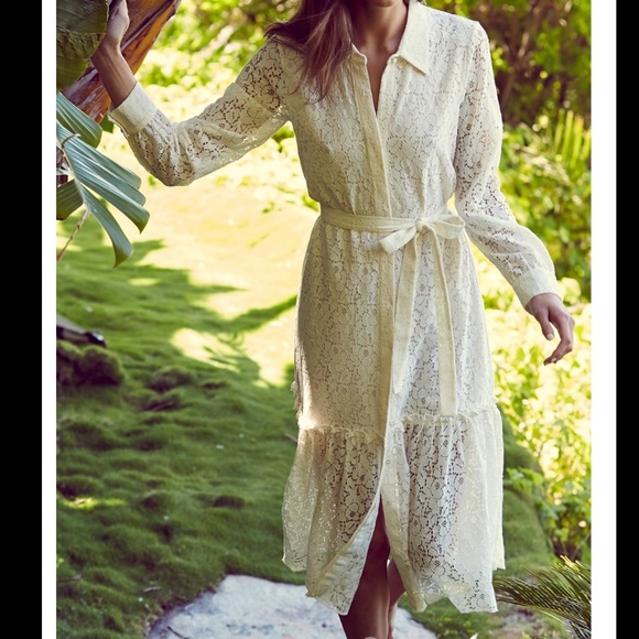 misa los angeles florence ivory lace belted button front midi shirt dress medium - Picture 10 of 10
